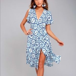 Lulu's Painted Tile Blue Print Wrap Midi Dress